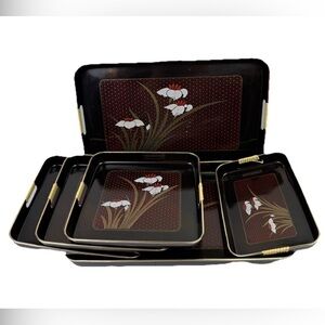 VTG Lot Of 6 Japanese Lacquerware Serving  Black Floral Trays w Handles MCM